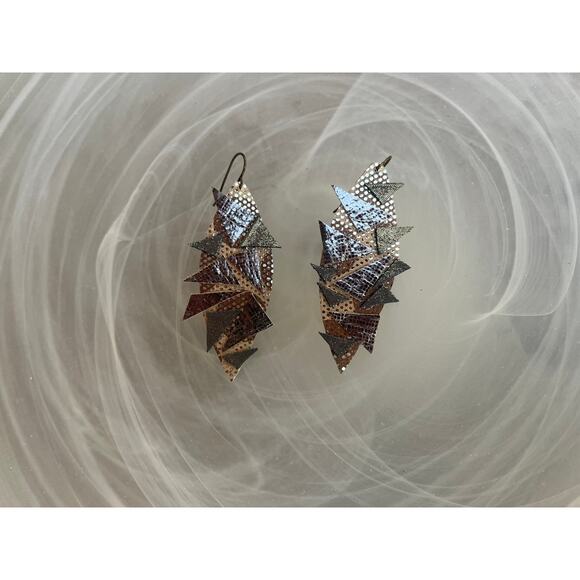 Artisan Handmade Metallic Leather Geometric multi pattern earrings - Picture 3 of 10